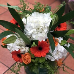 Orange Gerbera,white hydrangeas,white lilies,orange roses,greenery